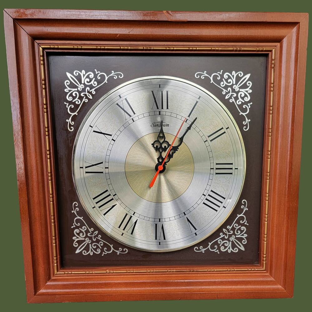 Vintage 1960s Sunbeam Large Wood Frame Analog Clock with Roman Numerals